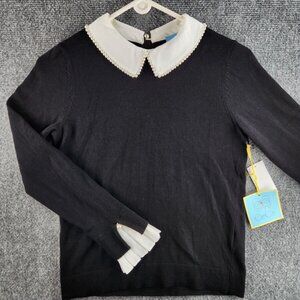 NWT Cece Women XS Cotton Long Sleeve Black Top Contrast Collar Cuff Pearl Trim